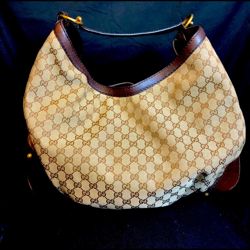 GUCCI Horsebit Beige Canvas Hobo Bag